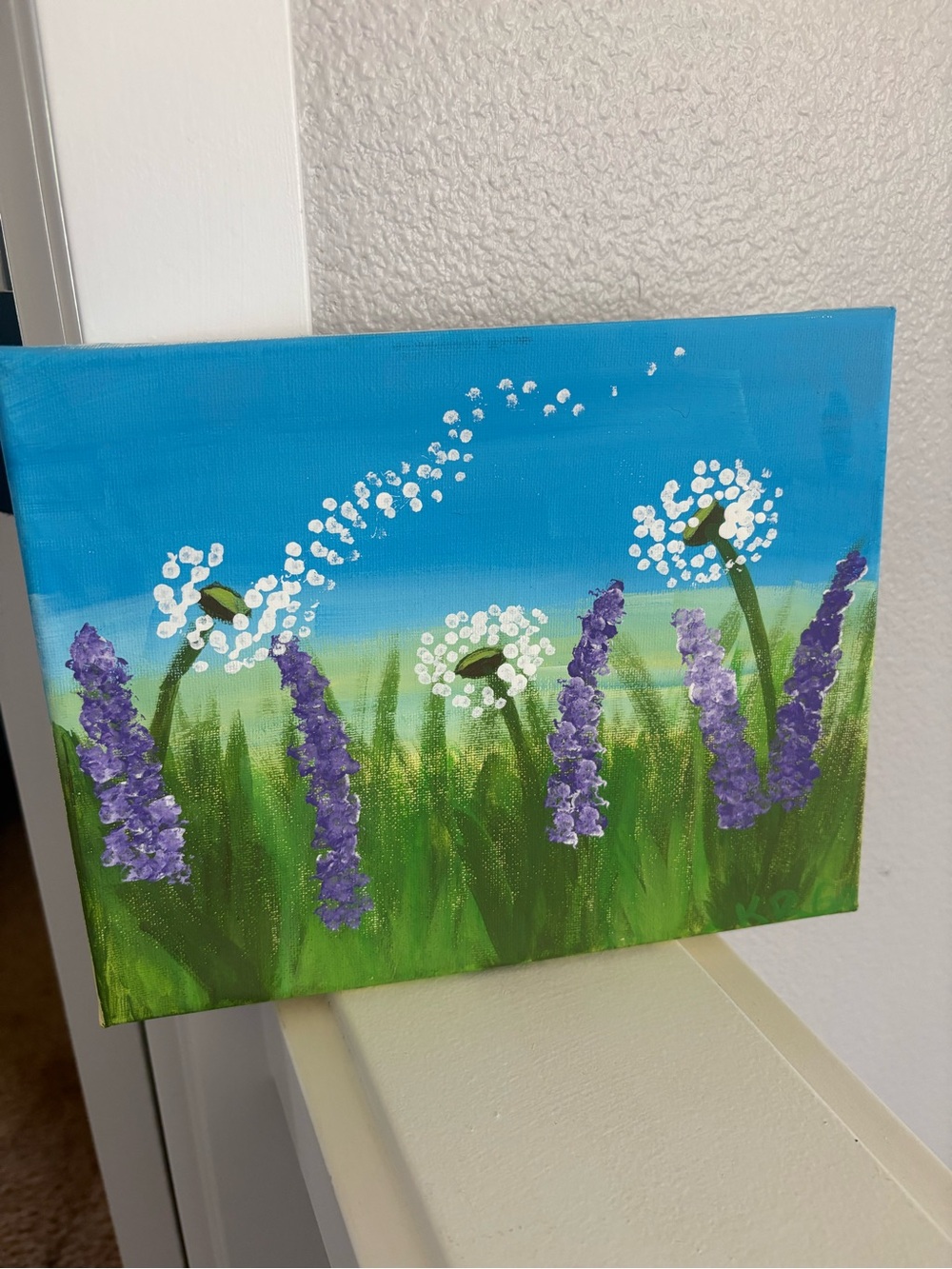 ❗️5/$25 ❗️ Hand-Painted Floral Canvas Art - Blue Sky with Purple Flowers